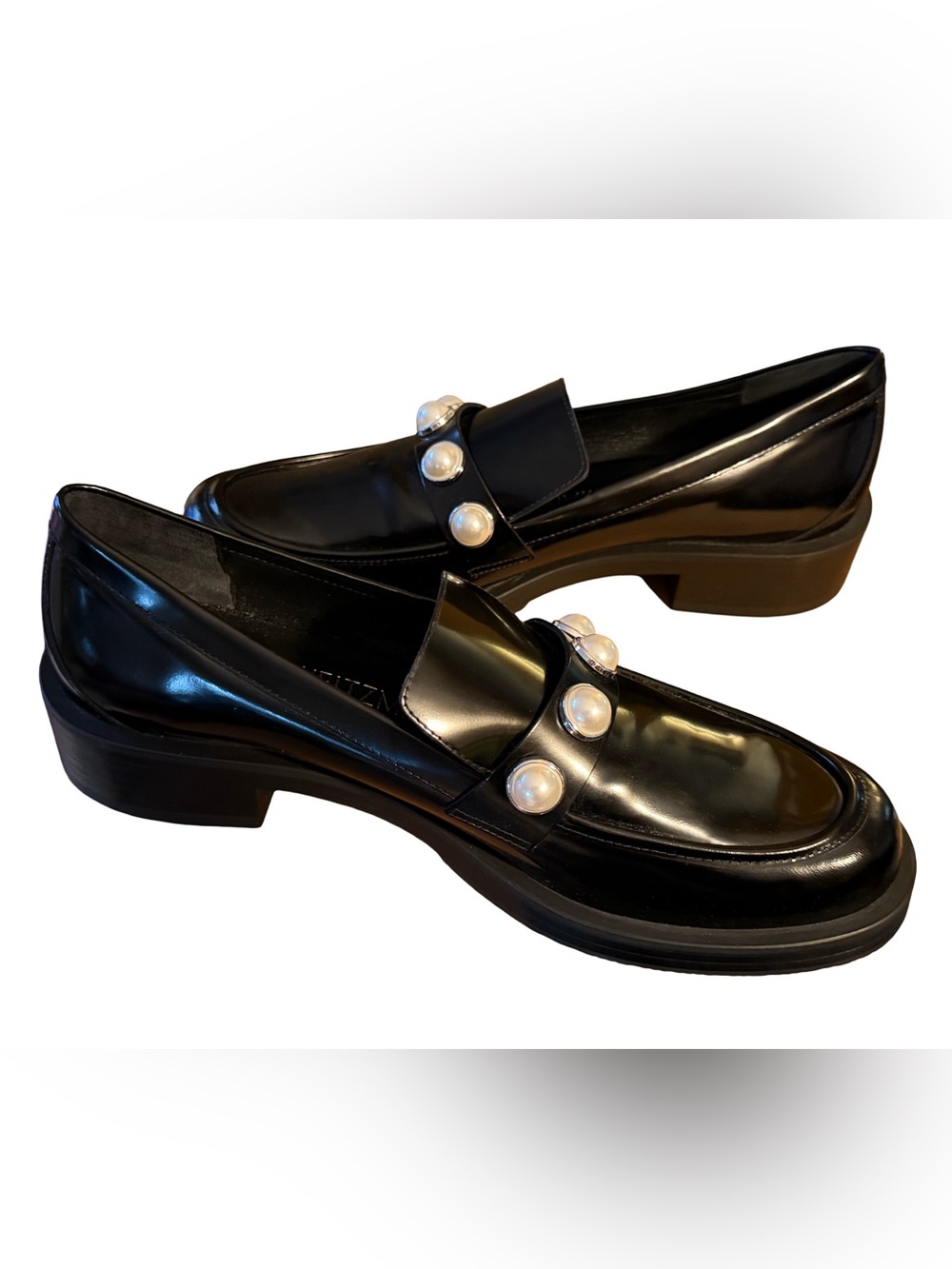 Stewart Weitzman NWT Sz 9.5 Portia Black Patent Leather Loafers Pearl Trim SH473 - Picture 4 of 11